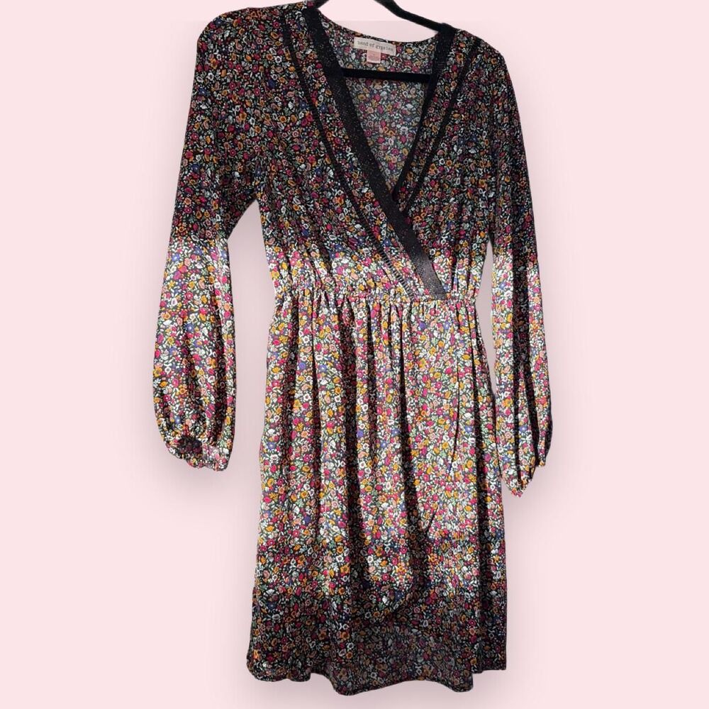 Band of Gypsies Black Floral Dress, Long Bell Sleeves, V-Neck, Size M